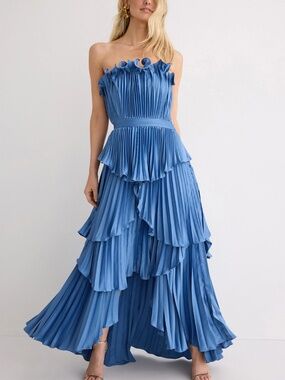 AMUR Janey Blue Ruffle Tiered Strapless High Low Maxi Dress - Size 12
